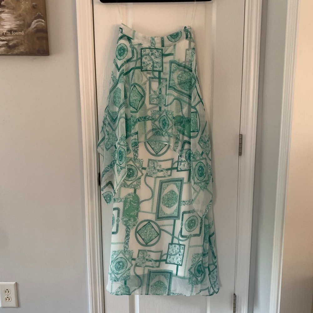Lillys Kloset Green White Baroque Chain Print Layered Maxi Skirt Womens Small‎